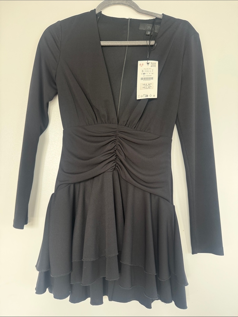 Zara Black Dress Long-Sleeve V-Neck Ruched Waist Tiered Dress